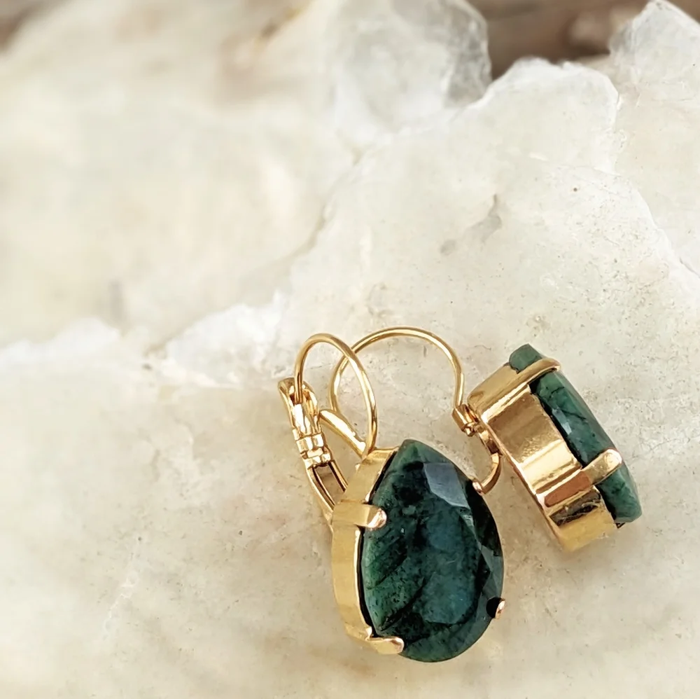29.0 Total Carats Natural Emerald Rough Cut  In Drop 18k Gold Plated Earrings